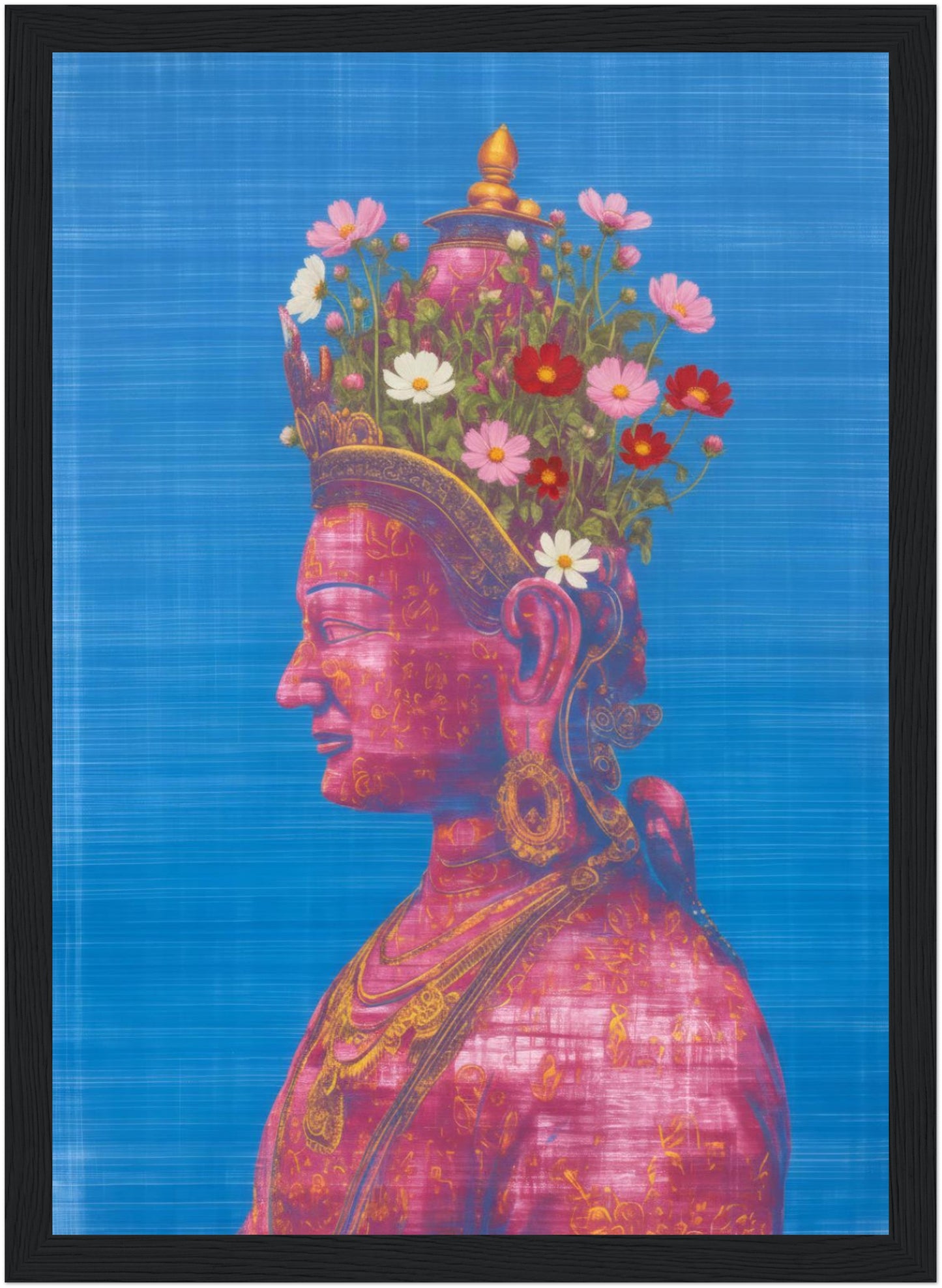 8x12 inch pink and green Tara Buddhist art print in a black wood frame, featuring a pink Tara portrait with floral elements.
