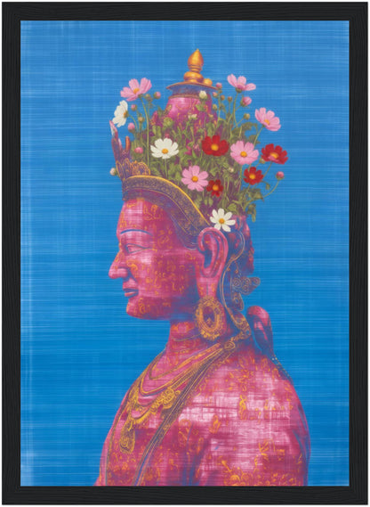 8x12 inch pink and green Tara Buddhist art print in a black wood frame, featuring a pink Tara portrait with floral elements.