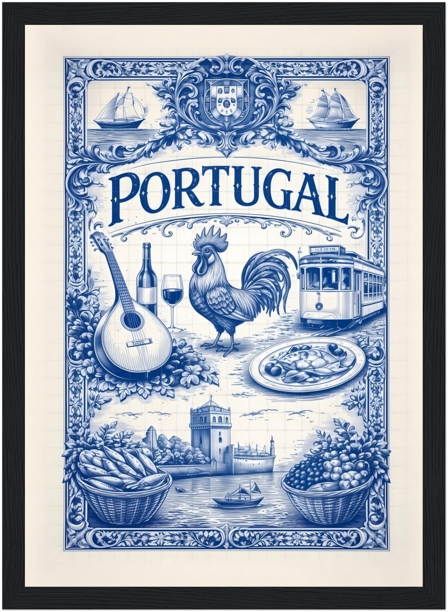 8x12 inch framed Portuguese culture art print in a black wood frame, showcasing blue azulejo design.