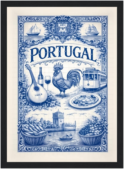 8x12 inch framed Portuguese culture art print in a black wood frame, showcasing blue azulejo design.