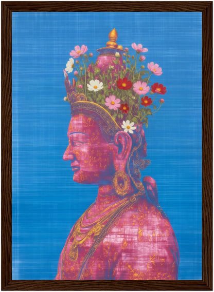 8x12 inch pink and green Tara Buddhist art print in a dark wood frame, depicting a pink Tara figure in profile.