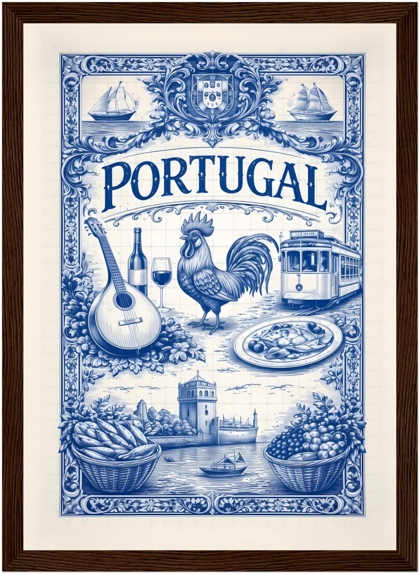 8x12 inch framed portugal azulejo poster in a dark wood frame, featuring traditional Portuguese tile artwork.