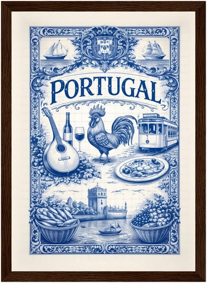 8x12 inch framed portugal azulejo poster in a dark wood frame, featuring traditional Portuguese tile artwork.