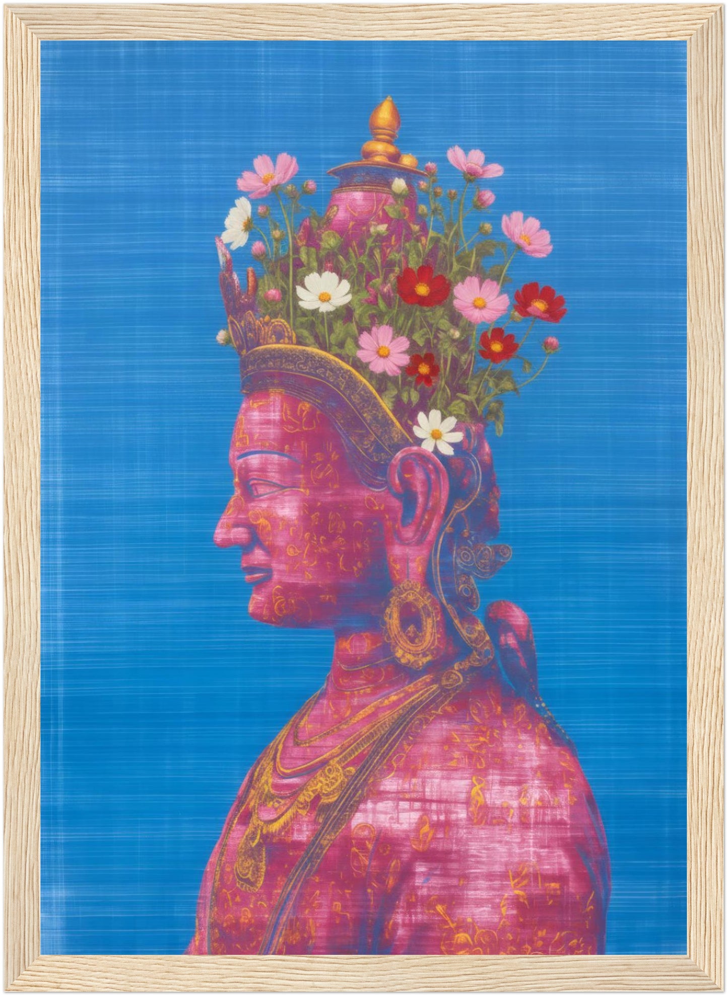 8x12 inch pink and green Tara Buddhist art print in a natural wood frame, showing a pink Tara Buddhist profile on blue.
