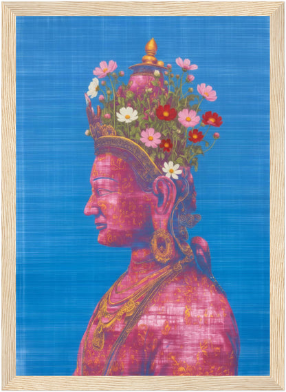 8x12 inch pink and green Tara Buddhist art print in a natural wood frame, showing a pink Tara Buddhist profile on blue.