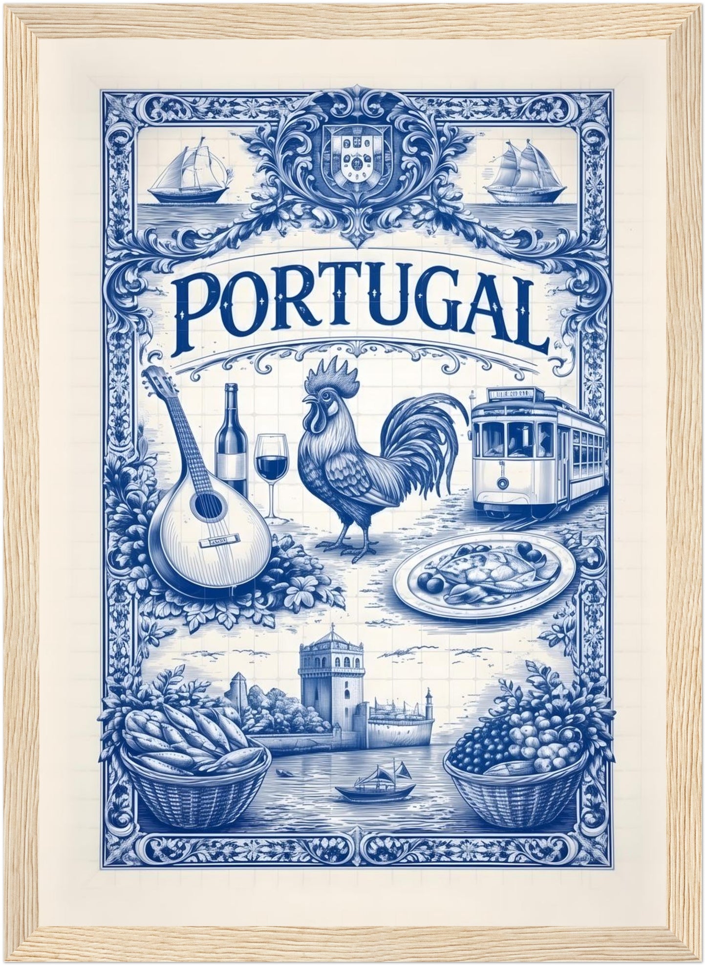 8x12 inch framed portuguese tile art poster in a natural wood frame, celebrating Portugal traditions and symbolism.