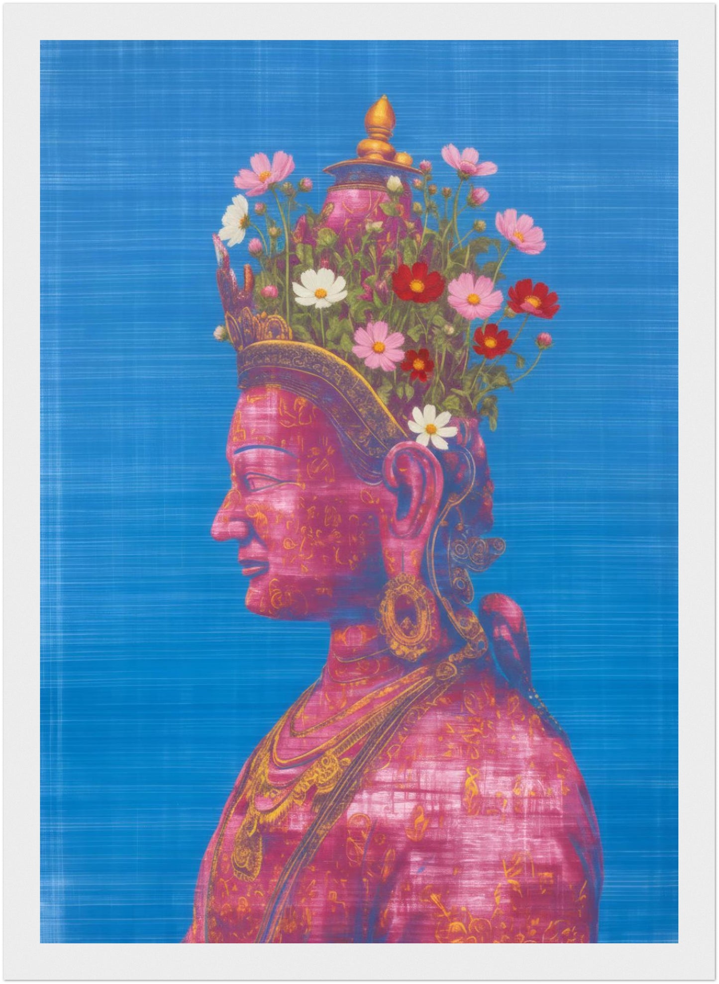 8x12 inch pink and green Tara Buddhist art print in a white wood frame, featuring a pink Tara side-profile figure with floral crown.