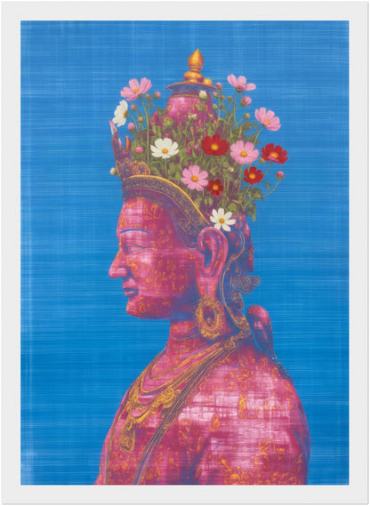 8x12 inch pink and green Tara Buddhist art print in a white wood frame, featuring a pink Tara side-profile figure with floral crown.