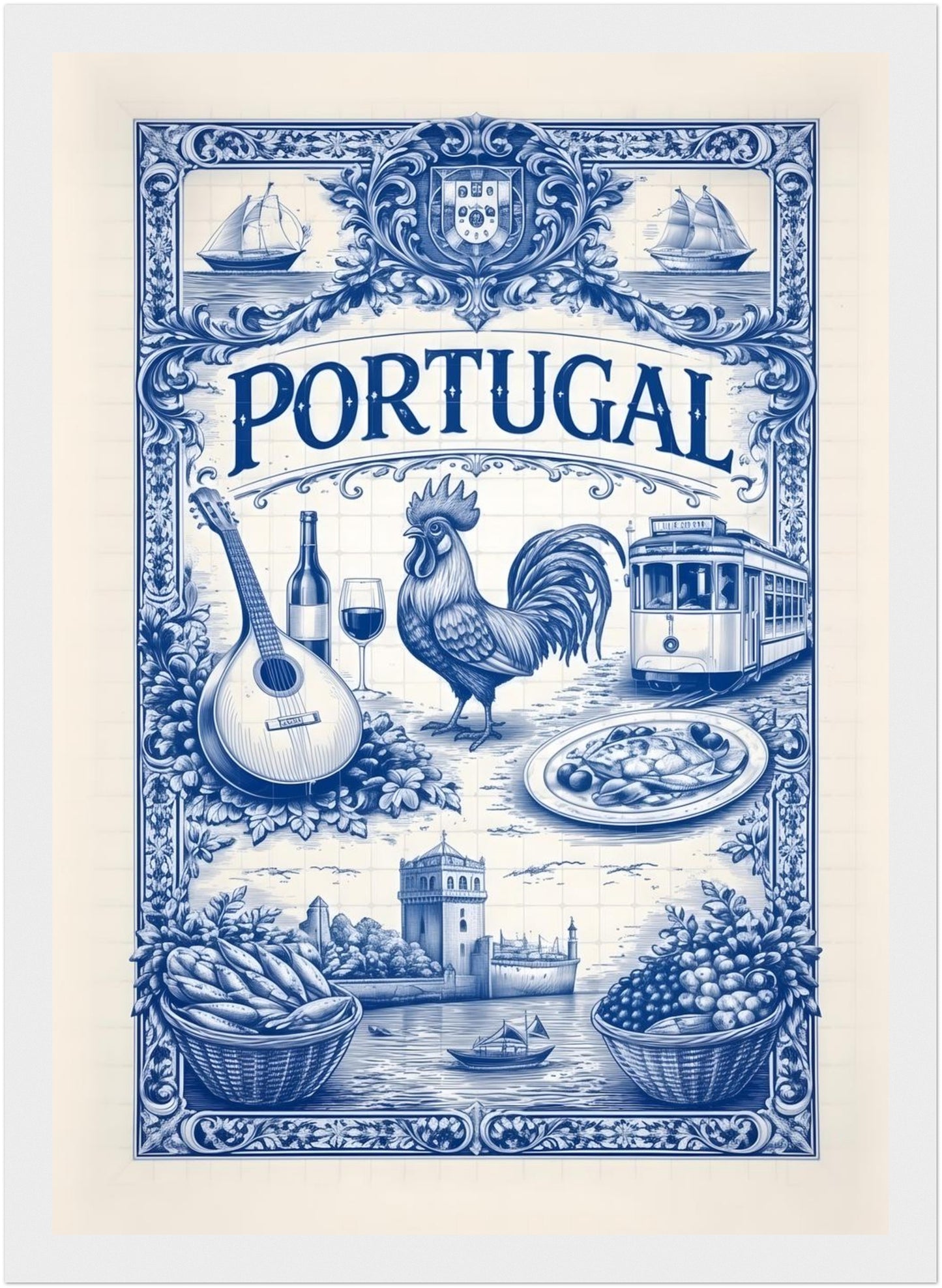 8x12 inch framed Portugal art poster in a white wood frame, displaying blue azulejo tile art inspired by Portuguese culture.