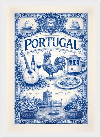8x12 inch framed Portugal art poster in a white wood frame, displaying blue azulejo tile art inspired by Portuguese culture.