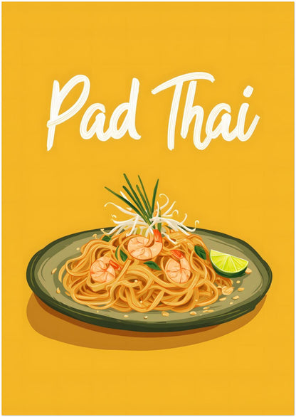 8x12 inch unframed Pad Thai wall art print on a white background with Thai food illustration