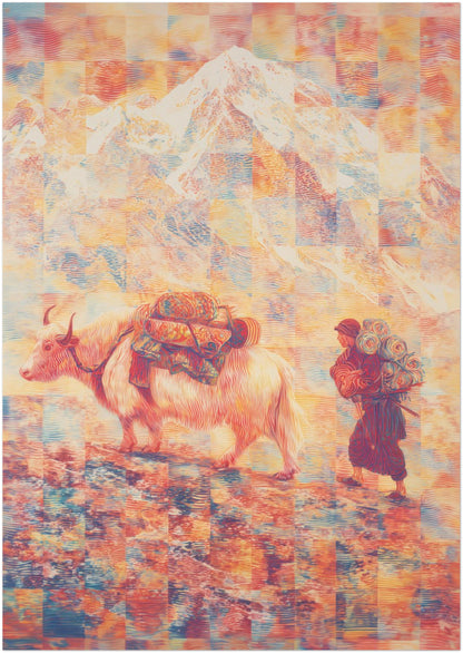 8x12 inch unframed Mount Everest poster featuring a Tibetan yak and traveler in a psychedelic contour-line illustration. Compact Himalayan travel art print inspired by Tibet and Nepal mountain culture.