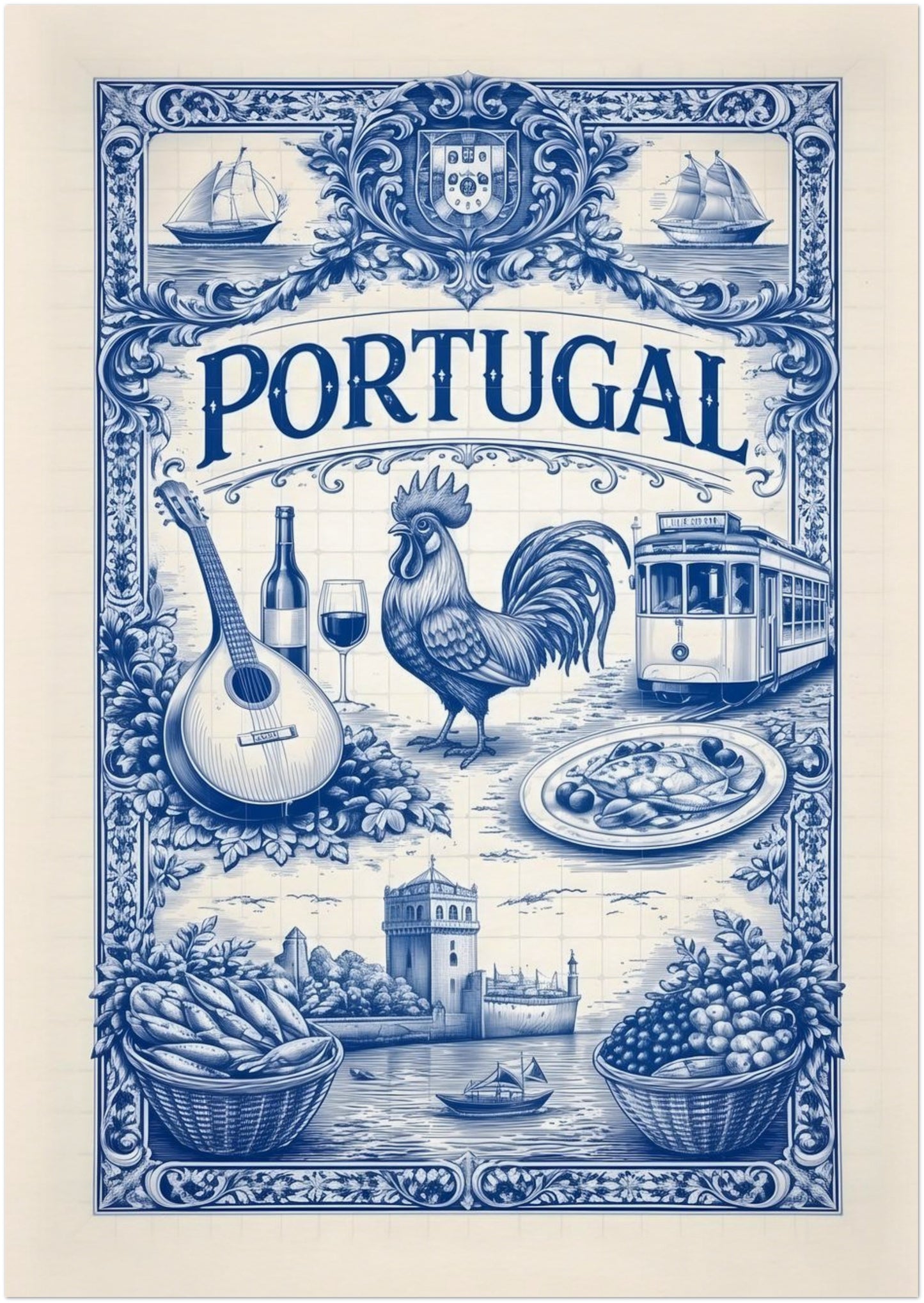 8x12 inch unframed portugal azulejo poster featuring a vertical blue tile illustration with Portuguese cultural elements such as a rooster, guitar, tram, seafood plate, and sailing ships inspired by traditional azulejo artwork.