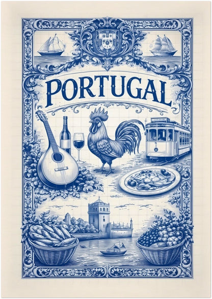 8x12 inch unframed portugal azulejo poster featuring a vertical blue tile illustration with Portuguese cultural elements such as a rooster, guitar, tram, seafood plate, and sailing ships inspired by traditional azulejo artwork.