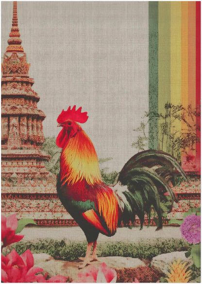 Unframed 8x12 inch Thai rooster art print displaying a vibrant rooster set against traditional Thai temple architecture inspired by Wat Arun. The print highlights textured canvas detailing, rich feather tones, and a modern multicolour rainbow stripe that contrasts with the historic setting. Well suited for medium frames, living rooms, entryways or shelf styling, blending colourful animal art with meaningful cultural symbolism.
