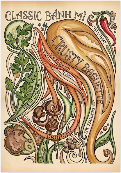 28x40 inch unframed large Banh Mi poster with detailed Vietnamese street food artwork. The vintage recipe design shows a crusty baguette, chilli, coriander, cucumber, pickled carrot, daikon, grilled pork and flowing lines. A big statement food print for kitchen walls, cafés and restaurants.