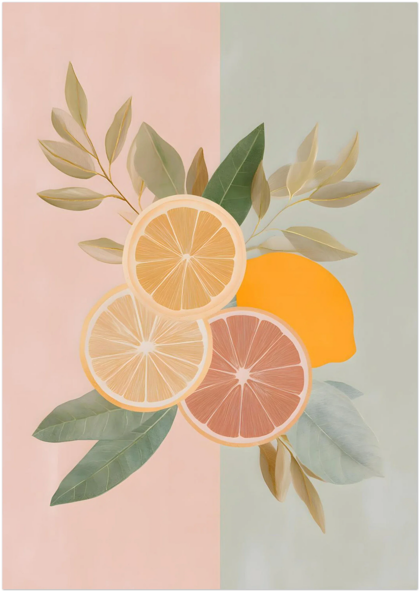A0 mockup of the pastel citrus illustration, showing the enlarged grapefruit, orange and lemon artwork on a clean background to demonstrate crop, proportions and overall appearance at maximum print size.
