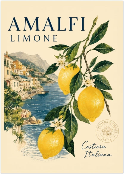 A0 unframed Amalfi Coast lemon poster with bold yellow citrus fruit, leafy green branches, white flowers and a scenic Italian village beside blue water. A large Mediterranean travel print made for summer wall decor, kitchen spaces and coastal inspired rooms.