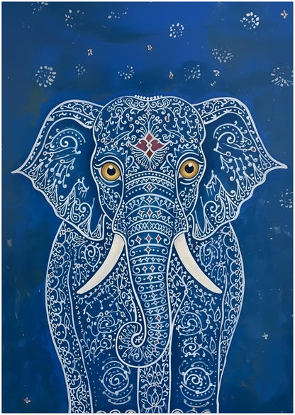 Thumbnail image of the A0 unframed Blue Indian Elephant Poster. The design features a front-facing elephant with detailed white linework, gold eyes, white tusks and a saturated blue background with small star-like dots. A very large elephant poster size for bold wall decor, oversized room styling and Indian-inspired animal art that works as a clear focal point in modern interiors.