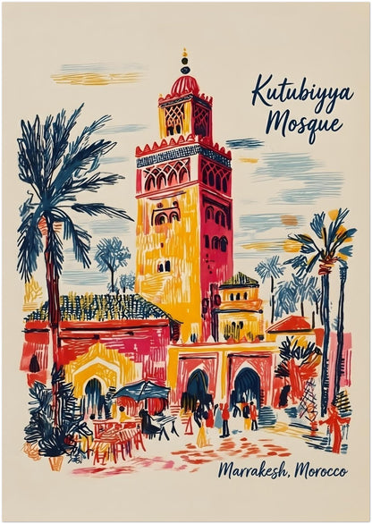 A0 unframed Kutubiyya Mosque print featuring a large-scale Marrakech artwork with the landmark mosque tower, palm trees, archways, outdoor seating and small figures in a colourful sketch-style design. Red, yellow, blue and cream tones give the piece strong visual impact from a distance. A major statement size for Morocco wall art, suited to large rooms, commercial spaces or bold feature walls.