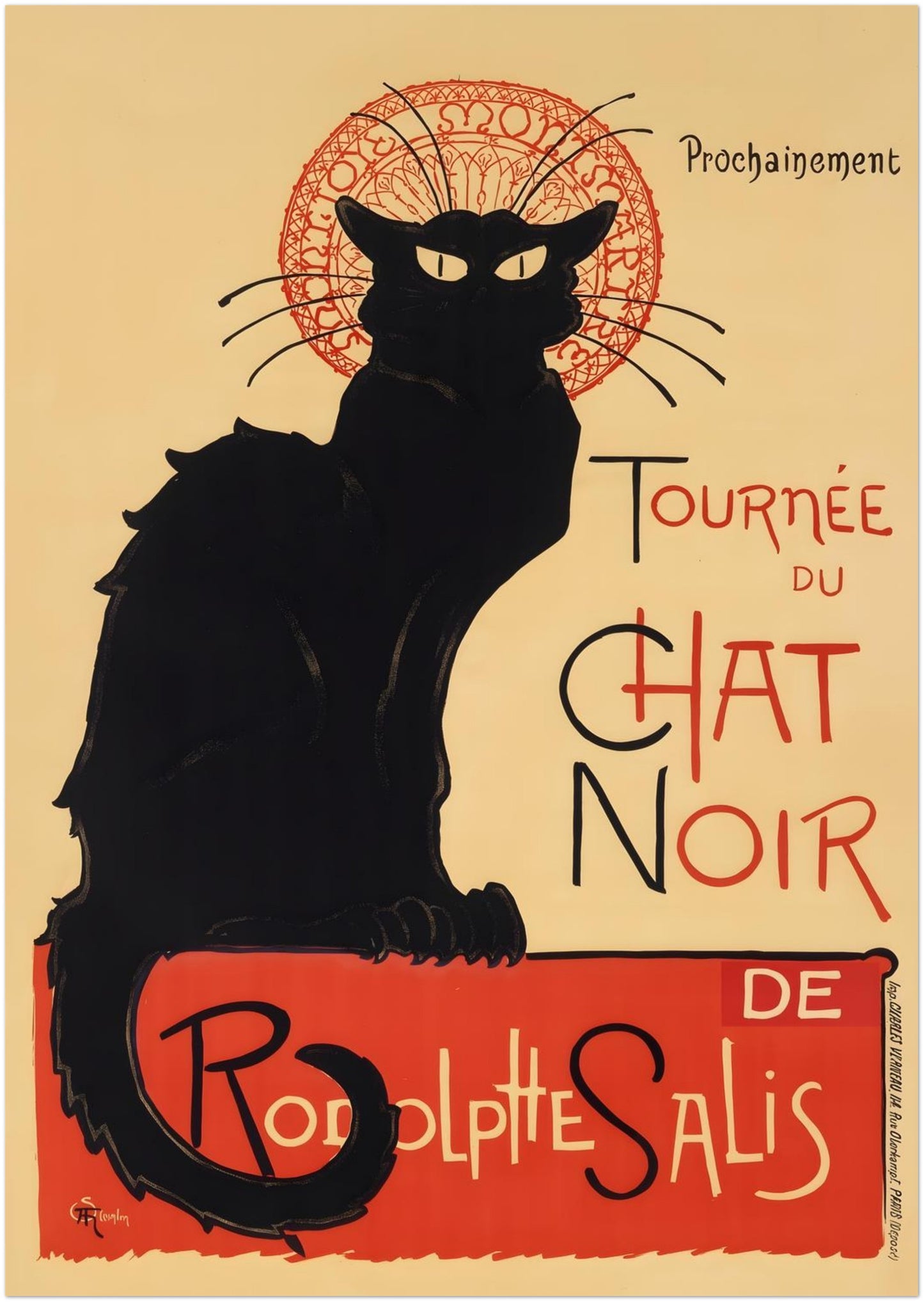 A0 unframed Tournée du Chat Noir poster presented in an oversized format that emphasises the dramatic black cat silhouette and red circular background. This French Art Nouveau cabaret print creates strong visual impact, perfect for large walls, creative studios or statement Paris decor inspired by Belle Époque theatre history.