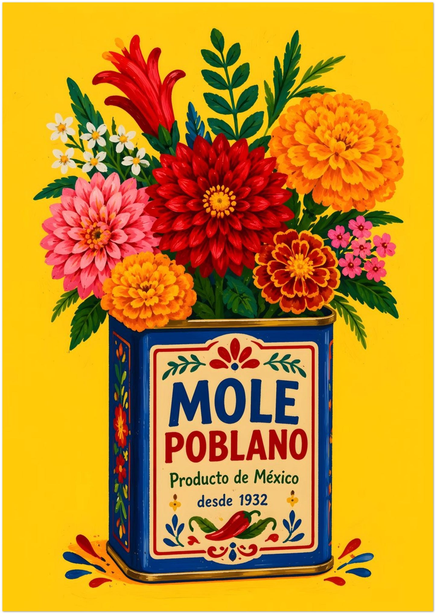Large unframed A0 Mexican kitchen poster with a blue vintage-style mole poblano tin holding a dense bouquet of red, pink, orange and white flowers. Bold yellow, dark blue and green colours, traditional food packaging and chilli graphics create striking Mexico wall art for large kitchens, dining areas, cafés and restaurants.
