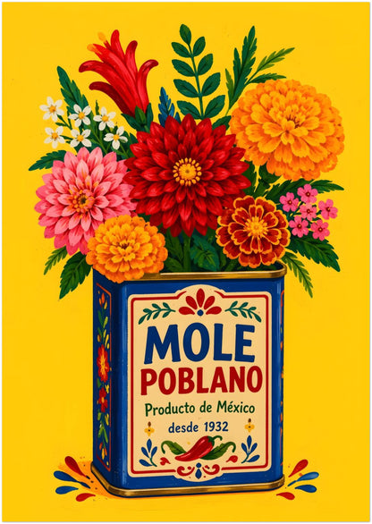 Large unframed A0 Mexican kitchen poster with a blue vintage-style mole poblano tin holding a dense bouquet of red, pink, orange and white flowers. Bold yellow, dark blue and green colours, traditional food packaging and chilli graphics create striking Mexico wall art for large kitchens, dining areas, cafés and restaurants.