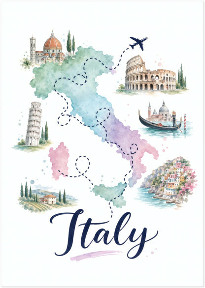 Unframed A0 Italy map poster featuring a large pastel watercolour illustration of the country. Soft green, blue, pink and purple regions are paired with dotted travel routes, a flying aeroplane and hand-painted Italian landmarks, architecture and coastal scenes. Large navy Italy lettering finishes the colourful portrait wall art.