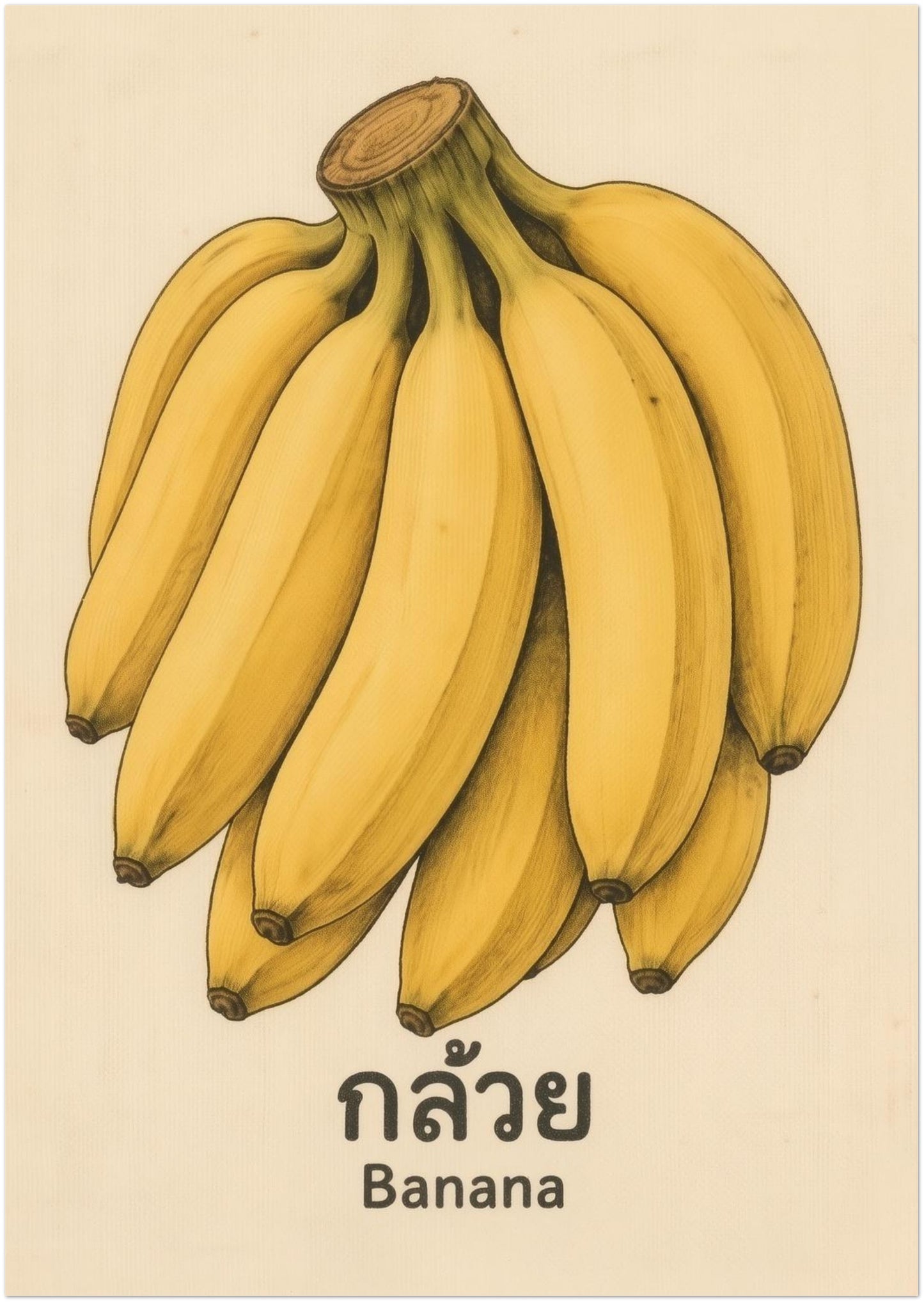 A0 unframed vintage Thai banana print with a bunch of yellow bananas placed above Thai text and the English word Banana on a soft aged background. The large poster size gives the retro fruit artwork a bold wall presence without losing its simple market-style layout. Designed for standout kitchen wall art, café interiors, tropical fruit wall decor, and large-format botanical food print displays.