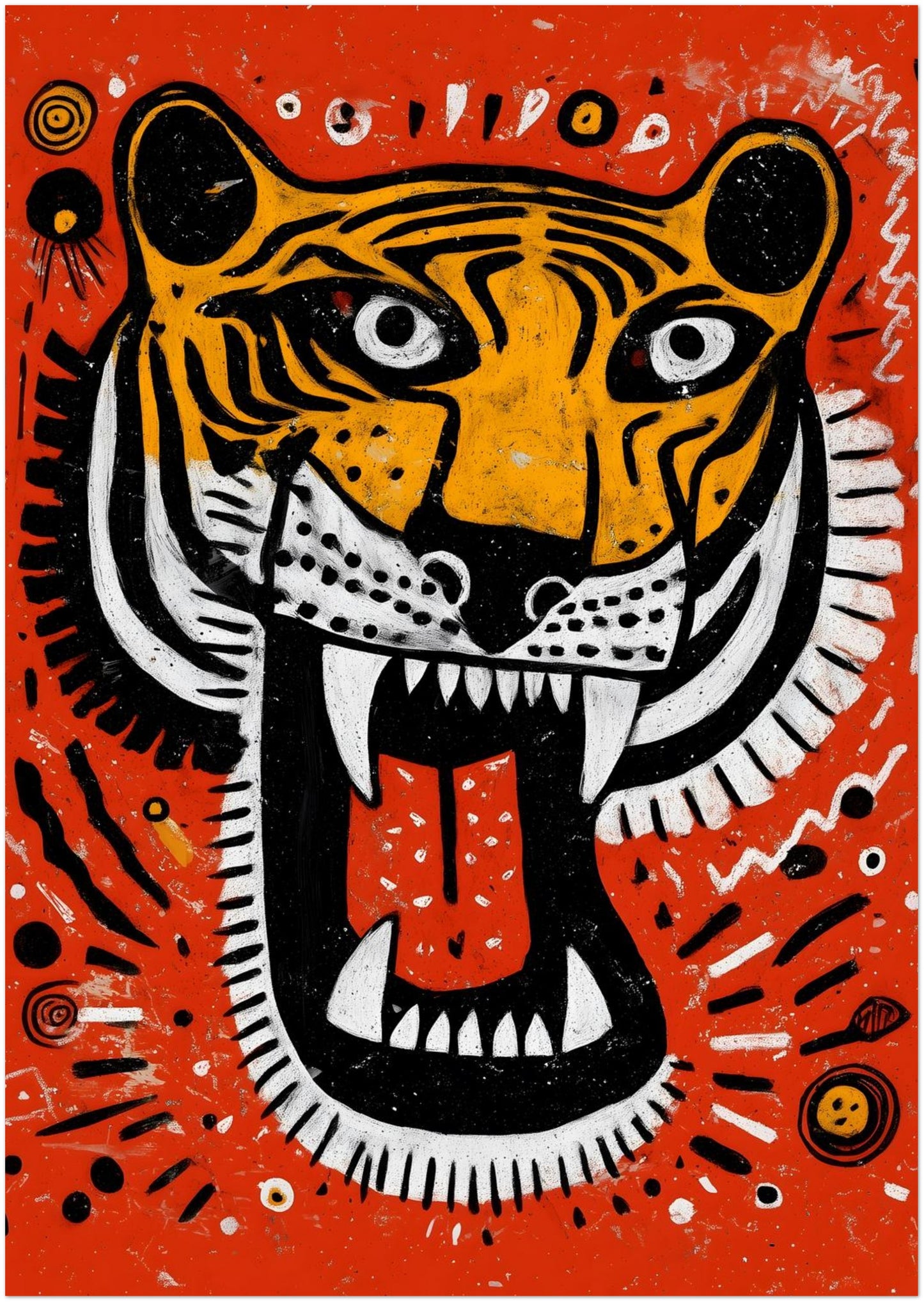 A0 unframed Roaring Malayan Tiger art print in oversized format. The bold orange backdrop and graphic tiger head create maximum visual impact. Open mouth, sharp teeth, red tongue and heavy black and white striping are framed by dotted tribal accents, making this Malaysian wildlife poster ideal for feature walls.