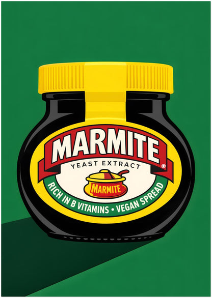A0 unframed Marmite pop art statement print featuring the classic jar design in a very large format. The black jar, yellow lid and red logo sit against a rich green background with strong simple shapes and a clean graphic finish. Made for bold wall styling in kitchens, dining rooms, creative spaces or commercial interiors looking for oversized British food wall art with modern pop appeal.