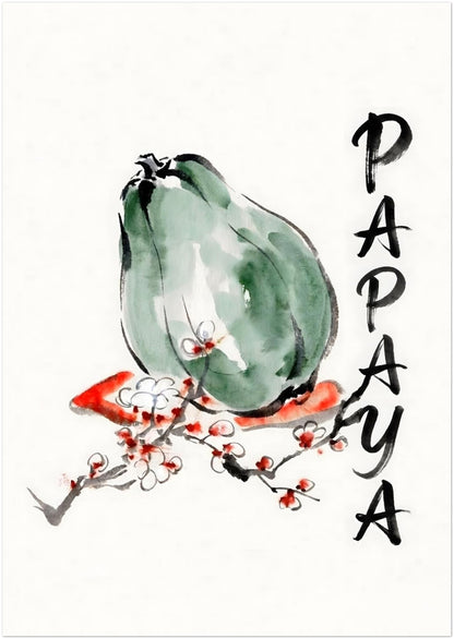 A0 unframed papaya wall art shown upright as a product listing image on a clean background. The print includes a pale green papaya painted in loose watercolour, black ink style outlines, red and white blossom branches, and vertical PAPAYA text. Large format tropical fruit print for kitchen wall art, botanical decor, modern dining spaces and minimalist interiors that need bold scale with simple visual detail.