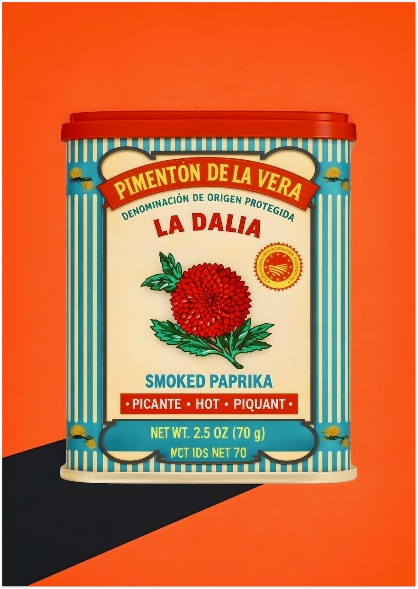 A0 unframed Spanish Smoked Paprika Tin art print presented in a simple product shot with a bright orange background and strong vintage label styling. The artwork shows a red lid, blue striped edge, cream label, red flower and Spanish text inspired by classic food packaging. Best suited to large Spanish kitchen wall art, bold retro food print, Mediterranean decor and oversized pantry artwork terms.