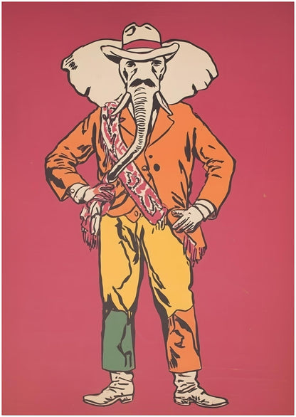A0 unframed Elephant Cowboy statement wall art print featuring a playful elephant dressed like a cowboy on a rich red background. The hat, orange jacket, patterned sash, yellow trousers and boots give the design a clear western and Americana look. This oversized funny animal poster works well as bold wall decor for large rooms, offices, studios and standout gallery walls.