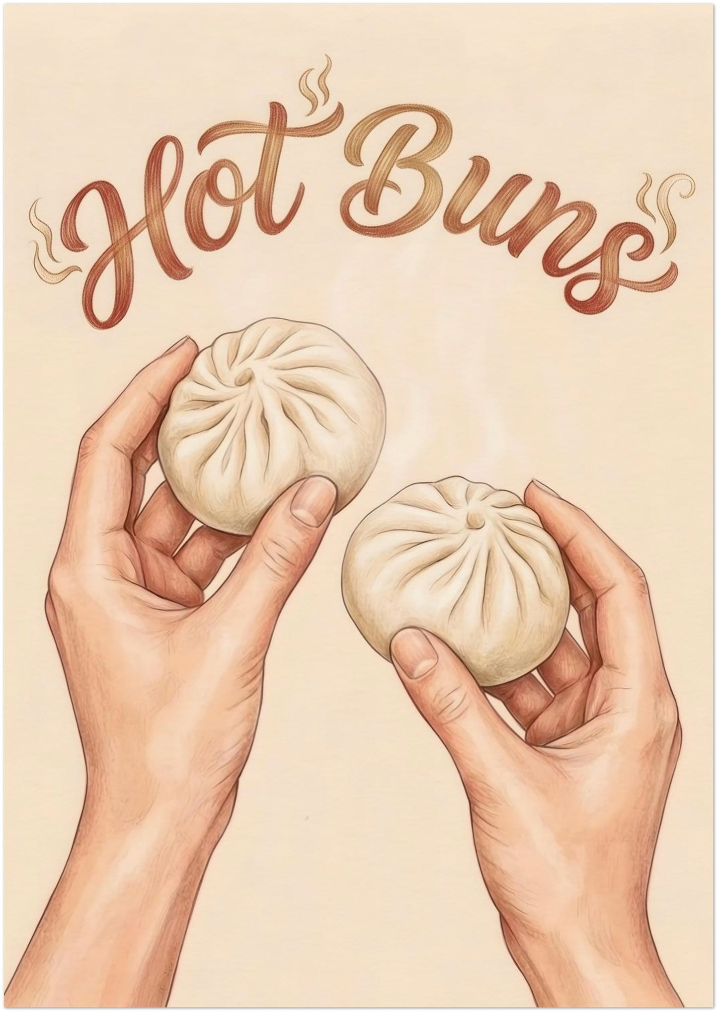 A0 unframed Hot Buns print showing two hands holding soft steamed buns below curved brown lettering and small steam lines on a beige background. The extra-large size turns the simple hand drawn design into a striking focal point while keeping the colours calm and easy to style. A strong option for asian kitchen wall art, oversized foodie wall art, dining room decor, or restaurant-inspired food print styling.