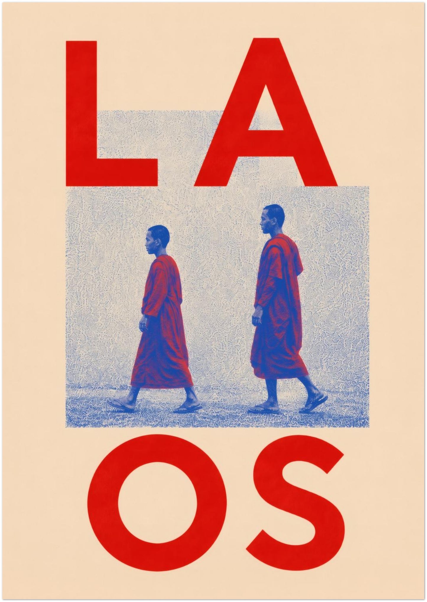 A0 unframed Laos Buddhist monk wall art showing two monks walking beneath oversized red LAOS lettering, with blue stippled texture and a warm cream background.