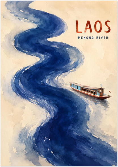 Unframed A0 Laos Mekong River poster showing a sweeping blue watercolour river winding vertically across a warm cream background. A small traditional wooden boat travels along the lower right section, while red LAOS lettering and subtle MEKONG RIVER text sit above. Large-format Southeast Asian travel wall art with bold scale and loose painted detail.