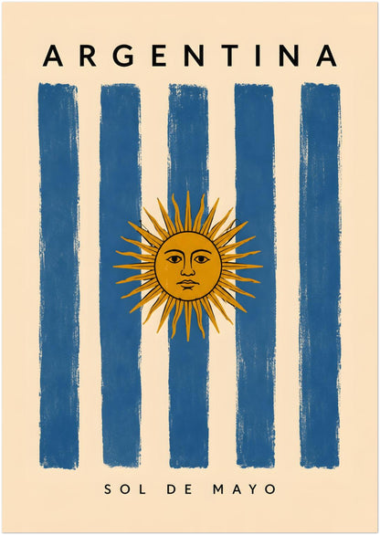 A0 unframed Argentina wall art featuring a large vertical arrangement of textured blue and cream flag stripes. The golden Sun of May is centred across the composition, with Argentina printed above and Sol de Mayo below. The oversized format, aged cream background and bold cultural imagery make this a striking Argentine travel poster.