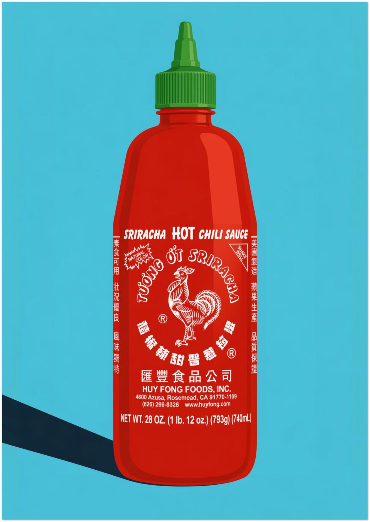 A0 unframed sriracha hot sauce print featuring a large red bottle with green cap, white rooster label, bright blue background and graphic black shadow. A large pop art kitchen poster for cafe walls, restaurant decor, dining rooms, food shops and colourful foodie interior design.