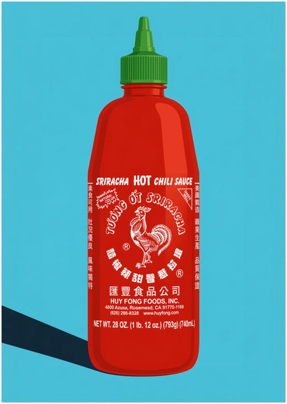 A0 unframed sriracha hot sauce print featuring a large red bottle with green cap, white rooster label, bright blue background and graphic black shadow. A large pop art kitchen poster for cafe walls, restaurant decor, dining rooms, food shops and colourful foodie interior design.