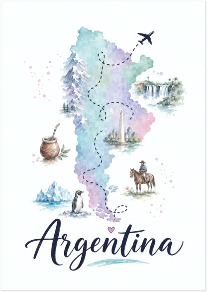 Unframed A0 Argentina map poster in a large portrait format on a clean white background. The artwork features a pastel watercolour map in soft blue, green and lilac shades, decorated with small wildlife, landscape and cultural illustrations. A tiny aeroplane appears above the country, and flowing Argentina lettering completes the South America travel print.
