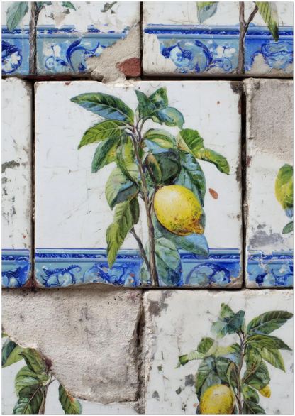 Unframed A0 lemon azulejo tile poster on a white background, highlighting large-scale Mediterranean ceramic styling, citrus imagery and complete artwork composition.