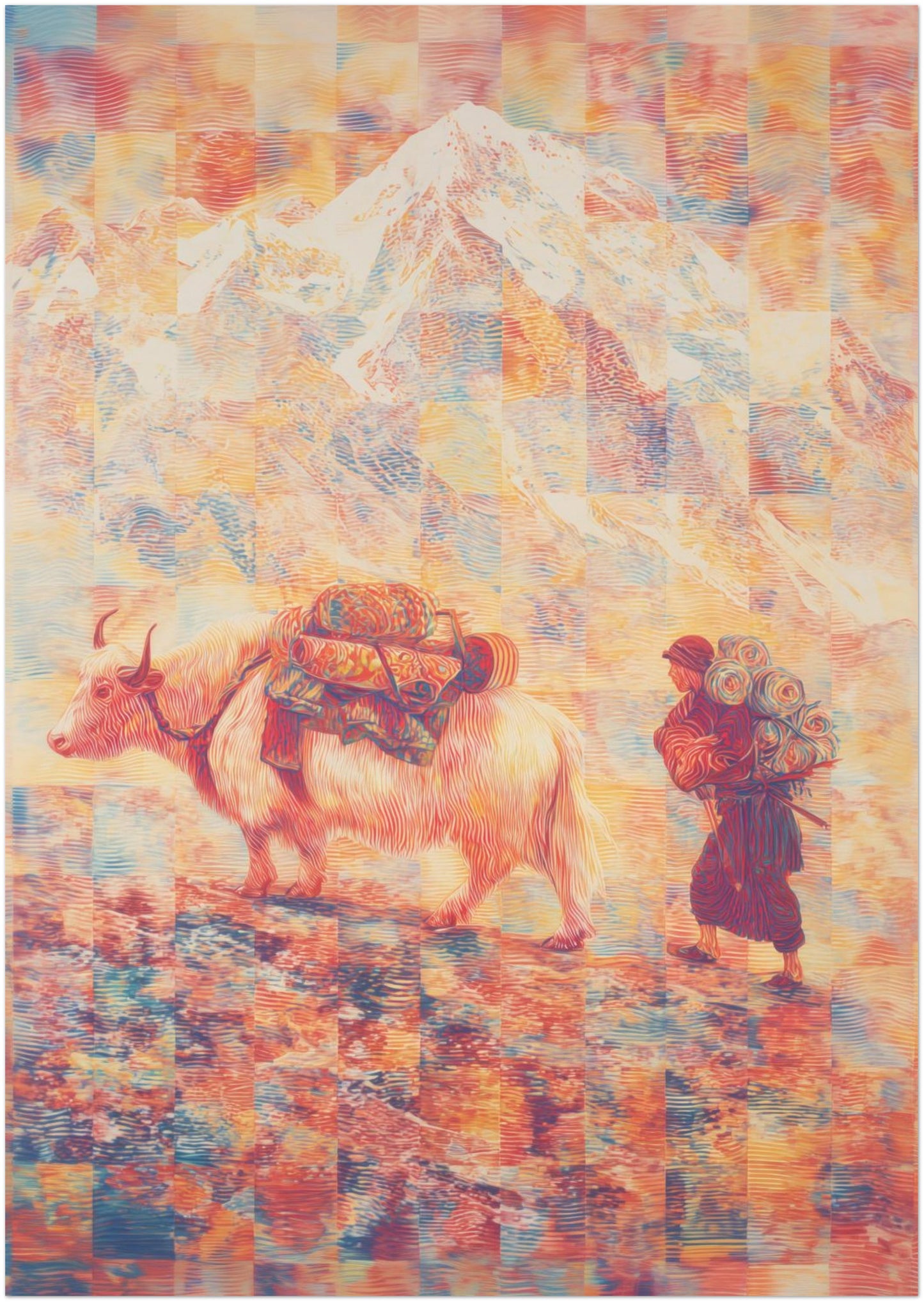A0 unframed Mount Everest poster showcasing a surreal Tibetan yak journey across the Himalayas. Oversized psychedelic Everest art print designed for statement walls and cultural interiors.