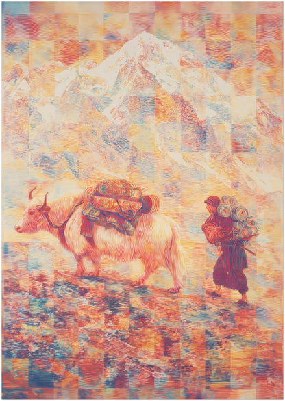 A0 unframed Mount Everest poster showcasing a surreal Tibetan yak journey across the Himalayas. Oversized psychedelic Everest art print designed for statement walls and cultural interiors.