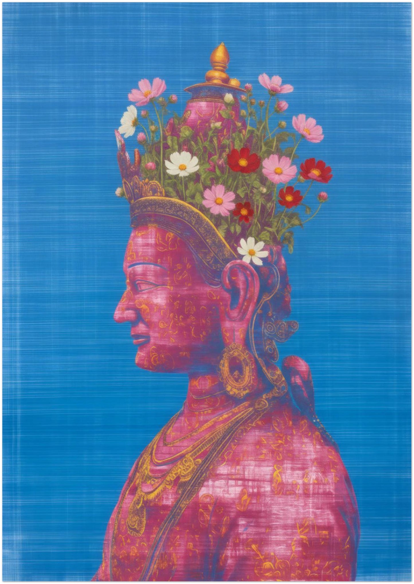 A0 unframed Pink Green Tara Tibetan Buddhist art print displayed on a plain white background, presenting maximum-scale duotone colour depth, floral crown symbolism and full artwork layout.