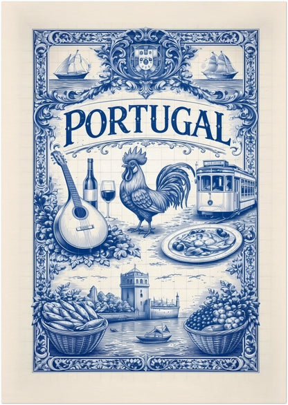 A0 unframed Portugal art poster featuring a large-format blue azulejo tile illustration with Portuguese cultural symbols including food, music, transport, and maritime imagery in a traditional decorative layout.
