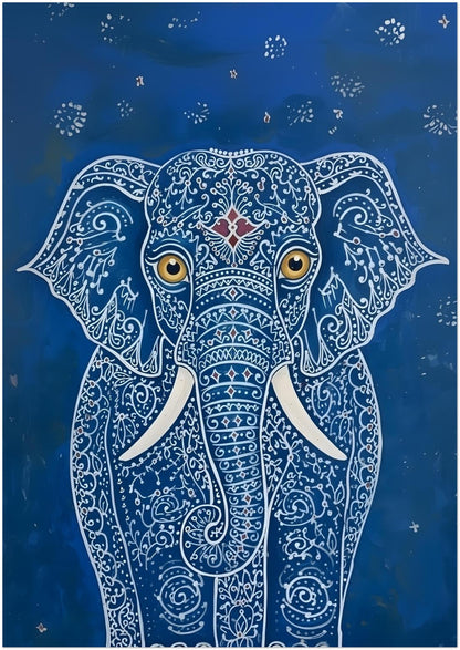 Thumbnail image of the A1 unframed Blue Indian Elephant Poster. The artwork presents a centred elephant with ornate white pattern lines, gold eyes, white tusks and a deep blue background. A large elephant wall art poster suited to living room decor, bedroom feature walls, home office styling and eclectic spaces that need Indian-inspired animal artwork with a bold decorative finish.