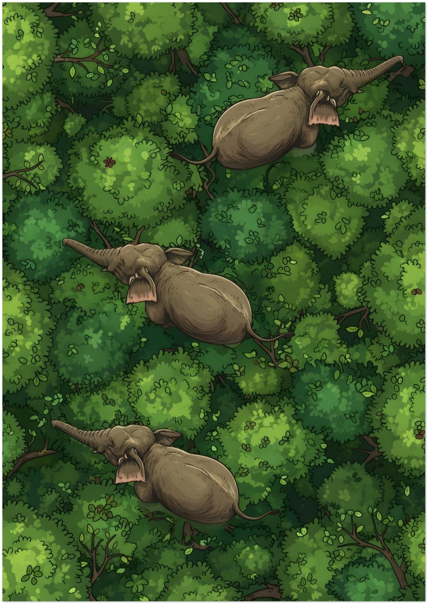 A1 unframed elephant jungle canopy wall art print featuring three elephants moving diagonally across layered green treetops. The overhead forest view gives the artwork a calm and immersive look, while the earthy brown elephants contrast clearly against the bright jungle greens. A strong option for elephant art print, jungle wall art, animal decor and travel-inspired room styling.