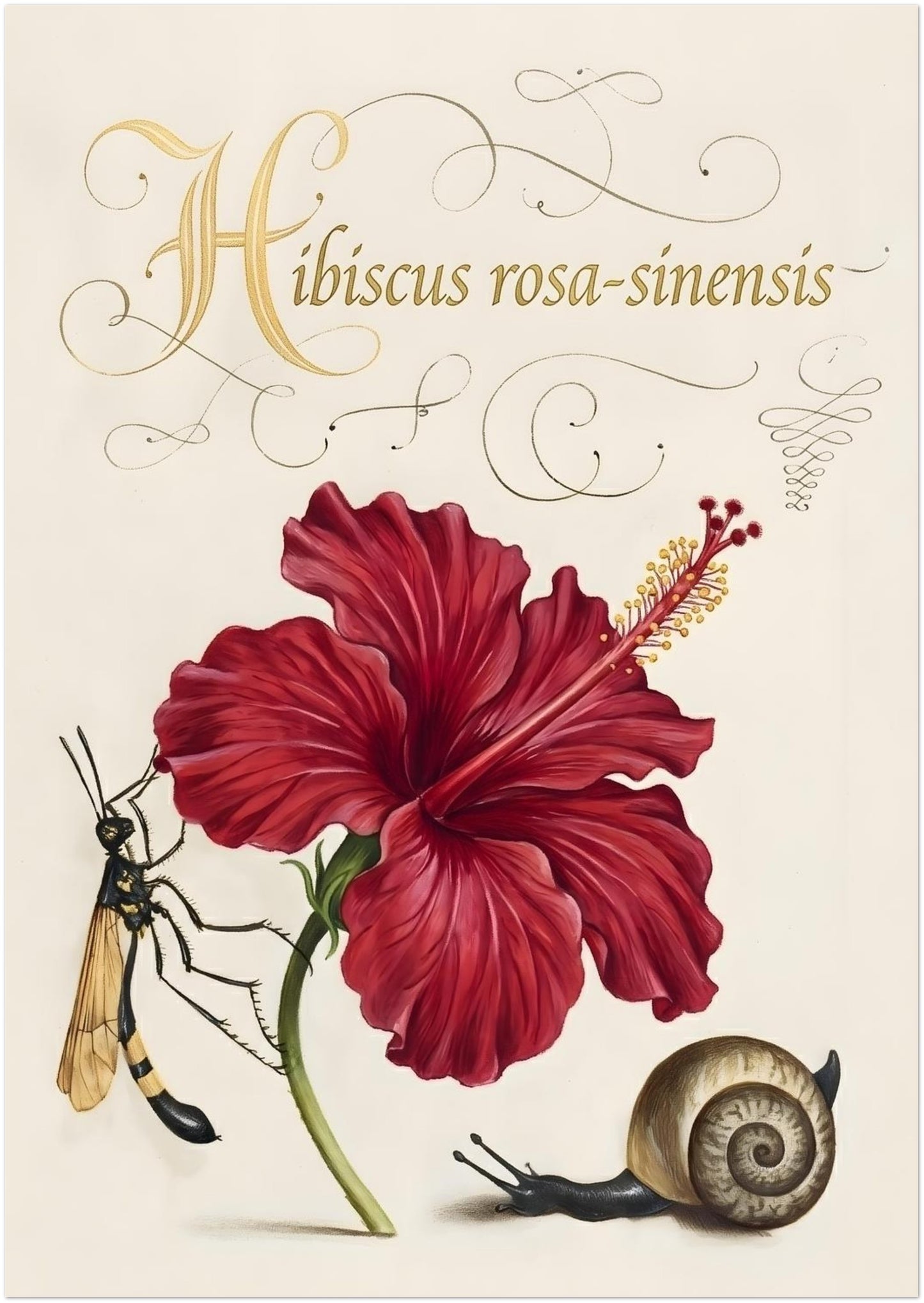A1 size unframed hibiscus botanical illustration shown as a large format print preview. The artwork features a red hibiscus flower with detailed petals and soft shading, labelled Hibiscus rosa-sinensis in decorative script. A small wasp and snail add natural history detail. Vintage botanical flower print on a cream background designed for large statement wall art and botanical interiors.