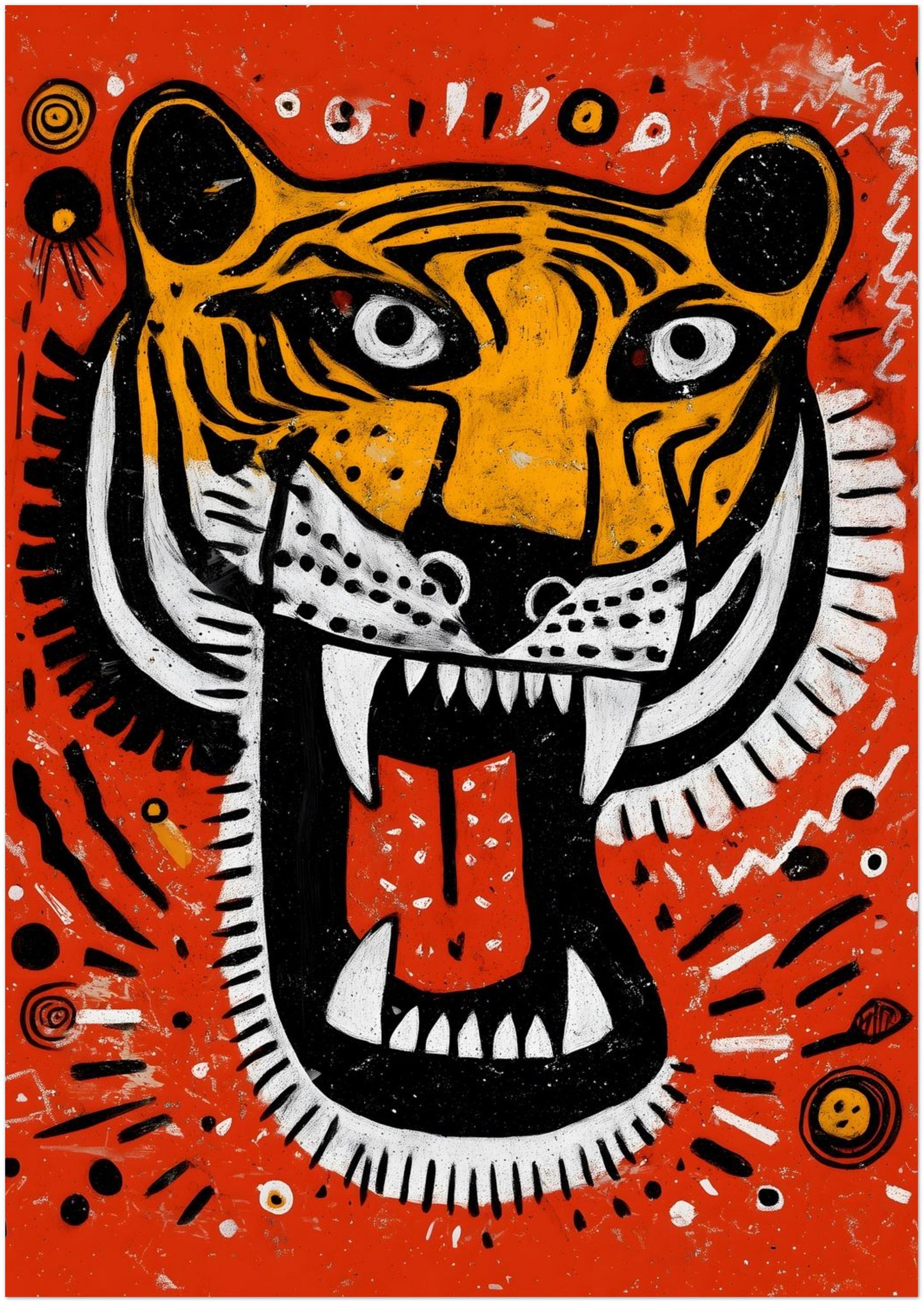A1 unframed Malayan Tiger poster designed as large scale statement wall art. The aggressive tiger face with red tongue and sharp white teeth dominates the vivid orange background. High contrast black and white striping and graphic tribal circles give this wildlife print a strong contemporary street art feel.